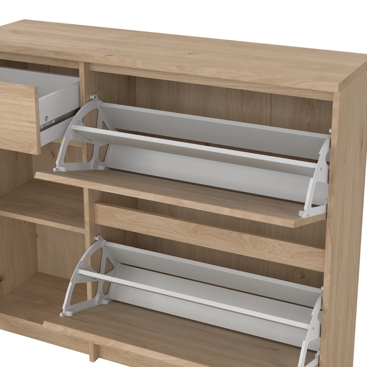 Naia Shoe Cabinet with 2 Flip Down Doors 1 Door and 1 Drawer in Jackson Hickory Oak