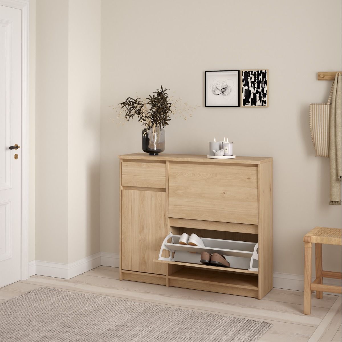 Naia Shoe Cabinet with 2 Flip Down Doors 1 Door and 1 Drawer in Jackson Hickory Oak