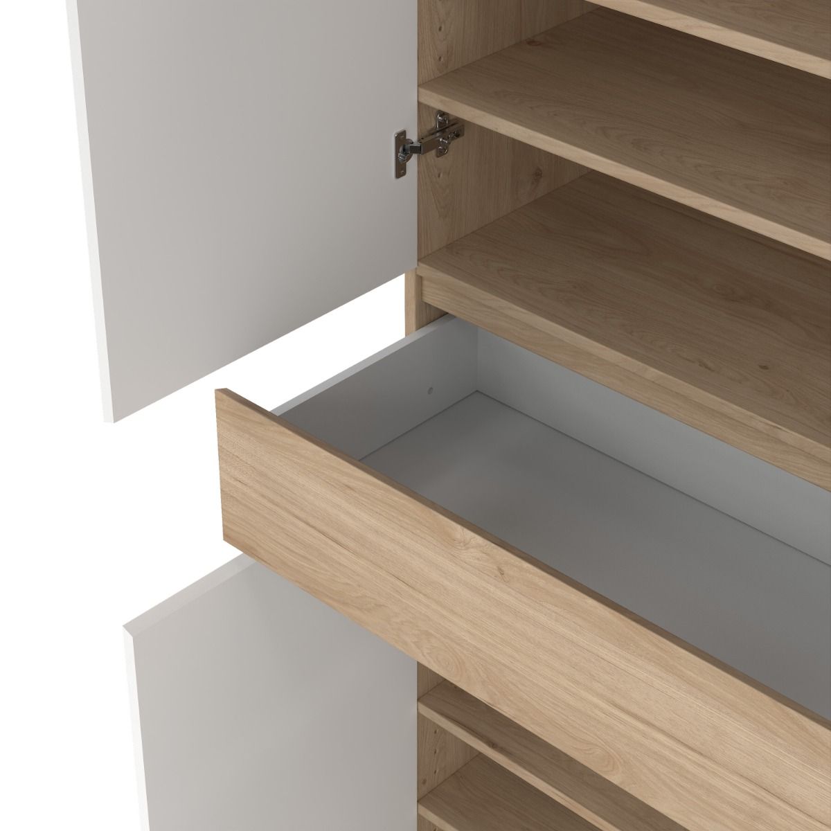 Naia Tall Shoe Cabinet with 4 Doors and 1 Drawer in Oak and White