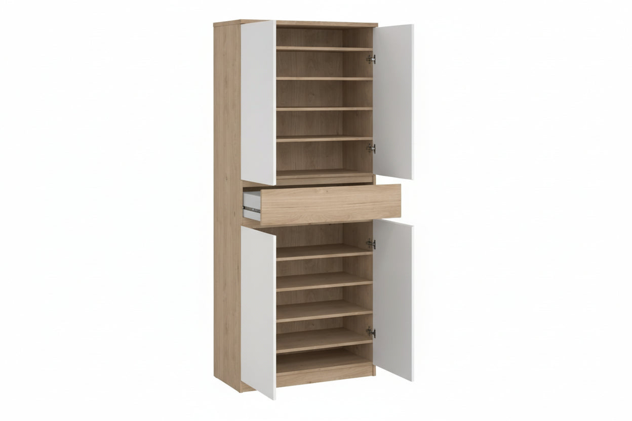 Naia Tall Shoe Cabinet with 4 Doors and 1 Drawer in Oak and White