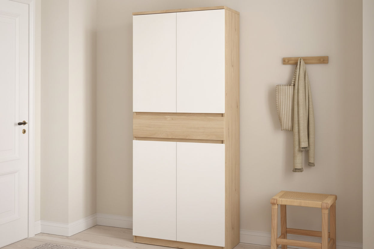 Naia Tall Shoe Cabinet with 4 Doors and 1 Drawer in Oak and White
