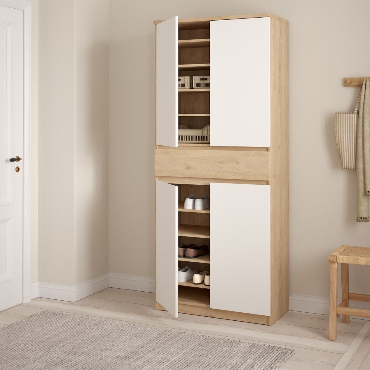 Naia Tall Shoe Cabinet with 4 Doors and 1 Drawer in Oak and White