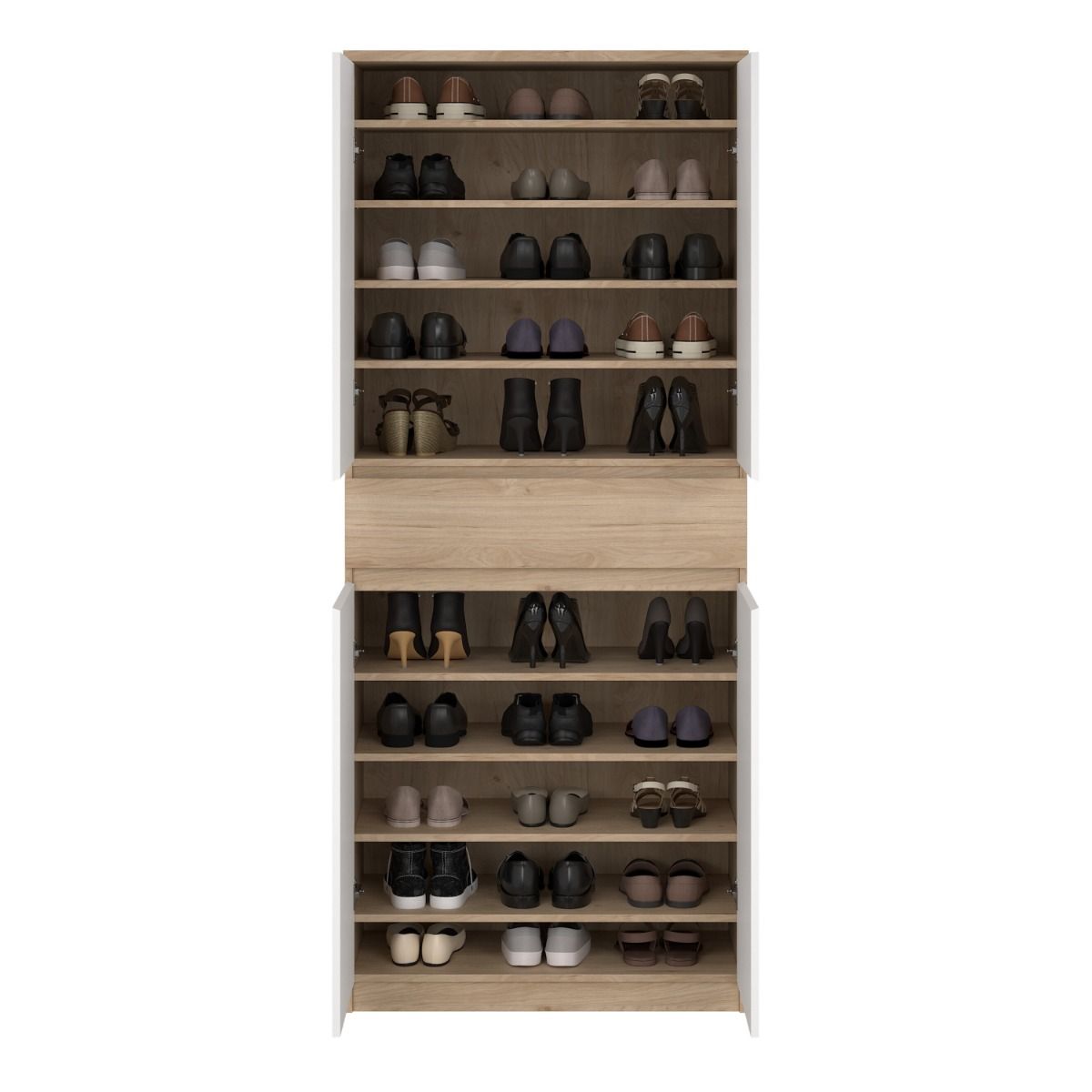 Naia Tall Shoe Cabinet with 4 Doors and 1 Drawer in Oak and White