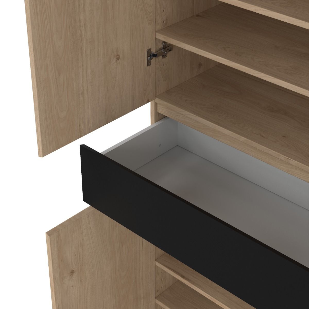 Naia Tall Shoe Cabinet with 4 Doors and 1 Drawer in Oak and Black
