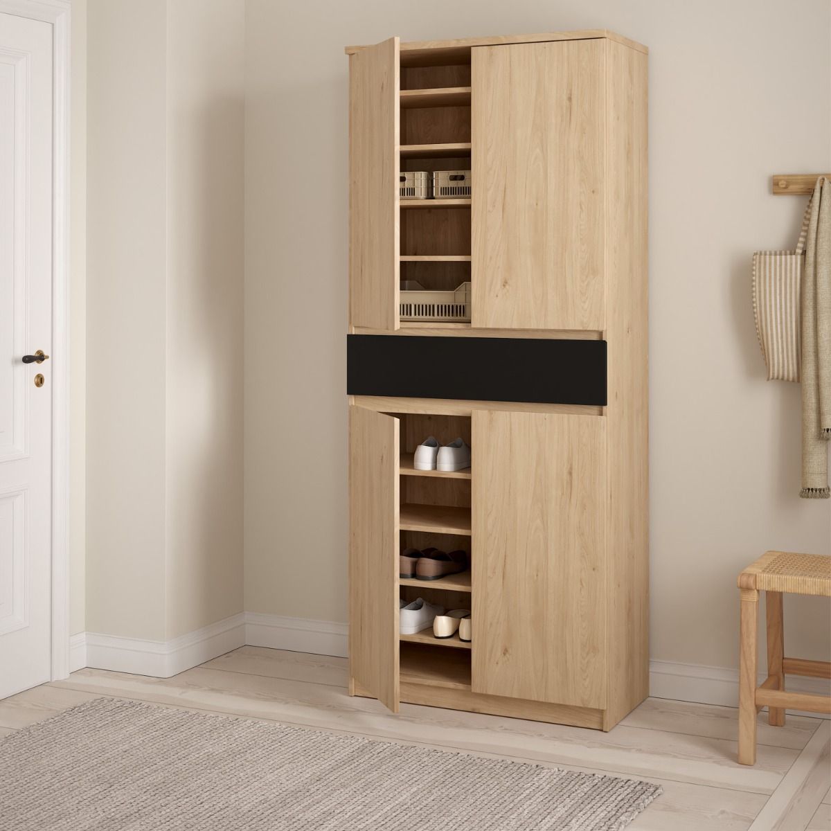 Naia Tall Shoe Cabinet with 4 Doors and 1 Drawer in Oak and Black