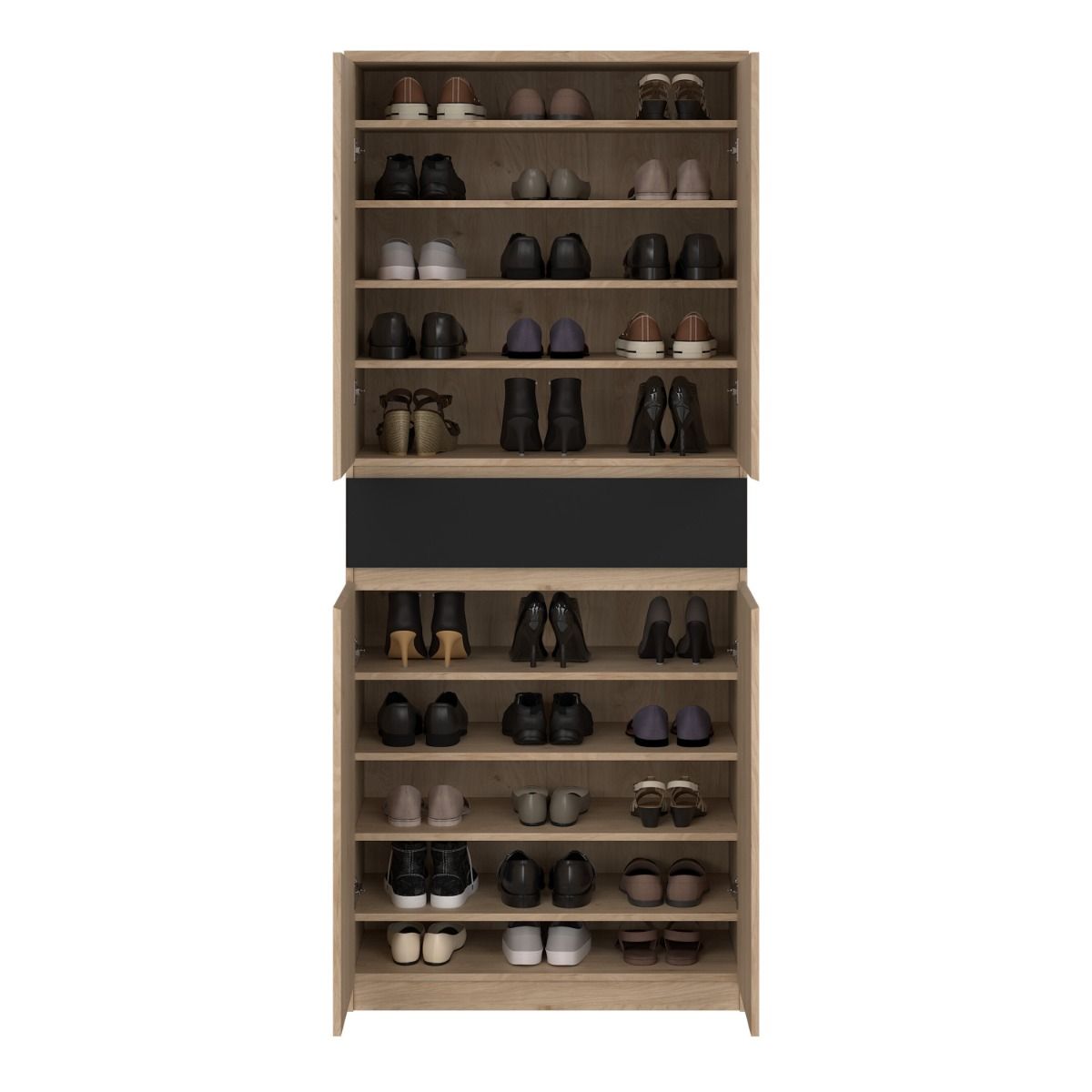 Naia Tall Shoe Cabinet with 4 Doors and 1 Drawer in Oak and Black