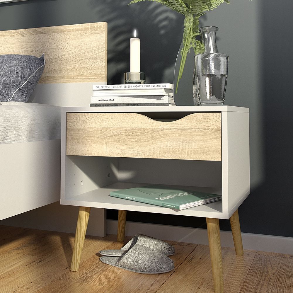 Oslo Bedside Cabinet with 1 Drawer in White and Oak