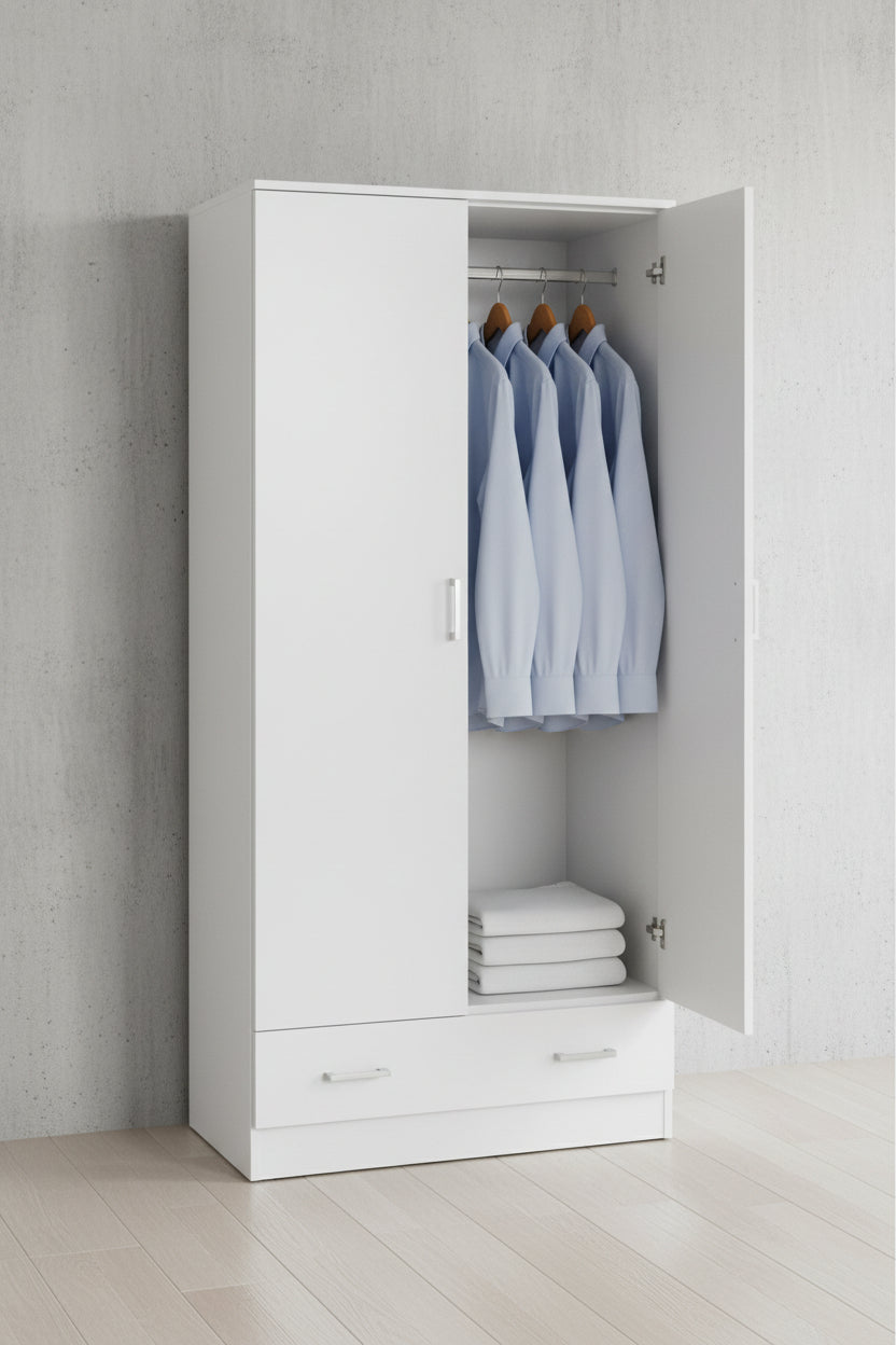 Space Wardrobe with 2 Doors + 1 Drawer in White 1750