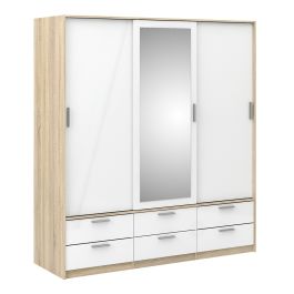 Line Wardrobe 3 Doors 6 Drawers in Oak with White High Gloss