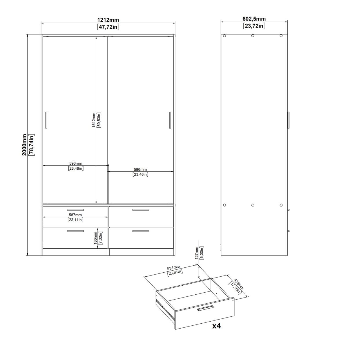 Line Wardrobe with 2 Sliding Doors and 4 Drawers in White