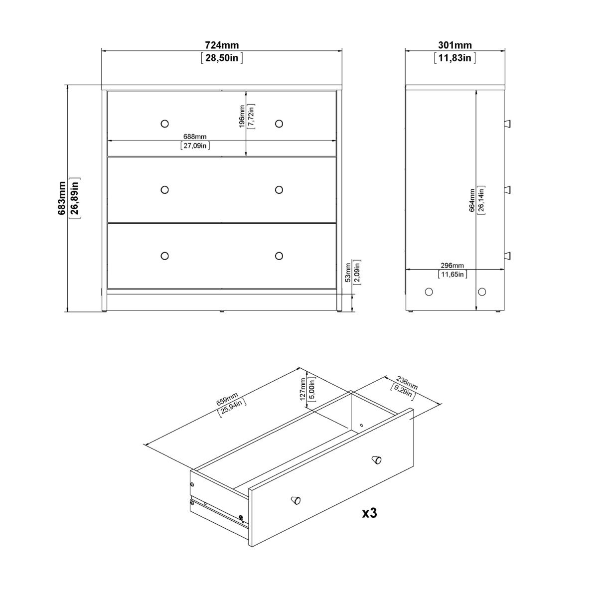 May Chest of 3 Drawers in White