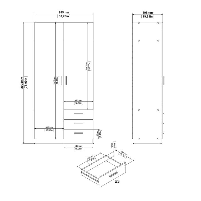 Sprint Wardrobe with 2 Doors + 3 Drawers in Matt Grey