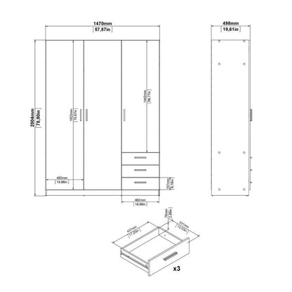Sprint Wardrobe with 3 Doors + 3 Drawers in White