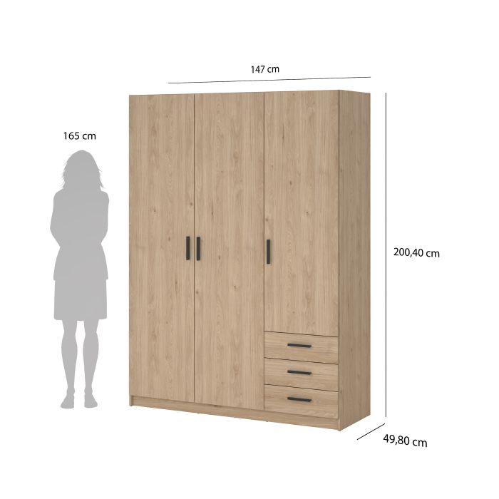 Sprint Wardrobe with 3 Doors + 3 Drawers in Jackson Hickory