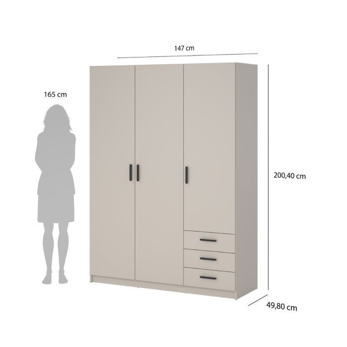 Sprint Wardrobe with 3 Doors + 3 Drawers in Cashmere