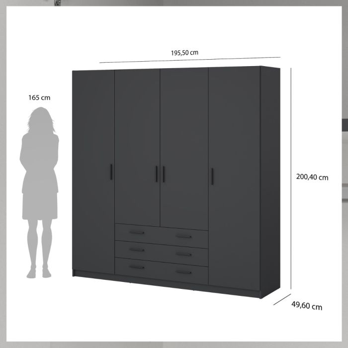 Sprint Wardrobe with 4 Doors + 3 Drawers in Matt Grey