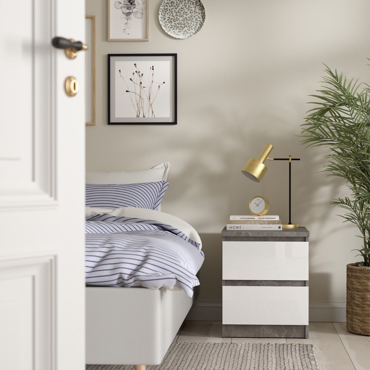 Naia Bedside 2 Drawers in Concrete/White High Gloss