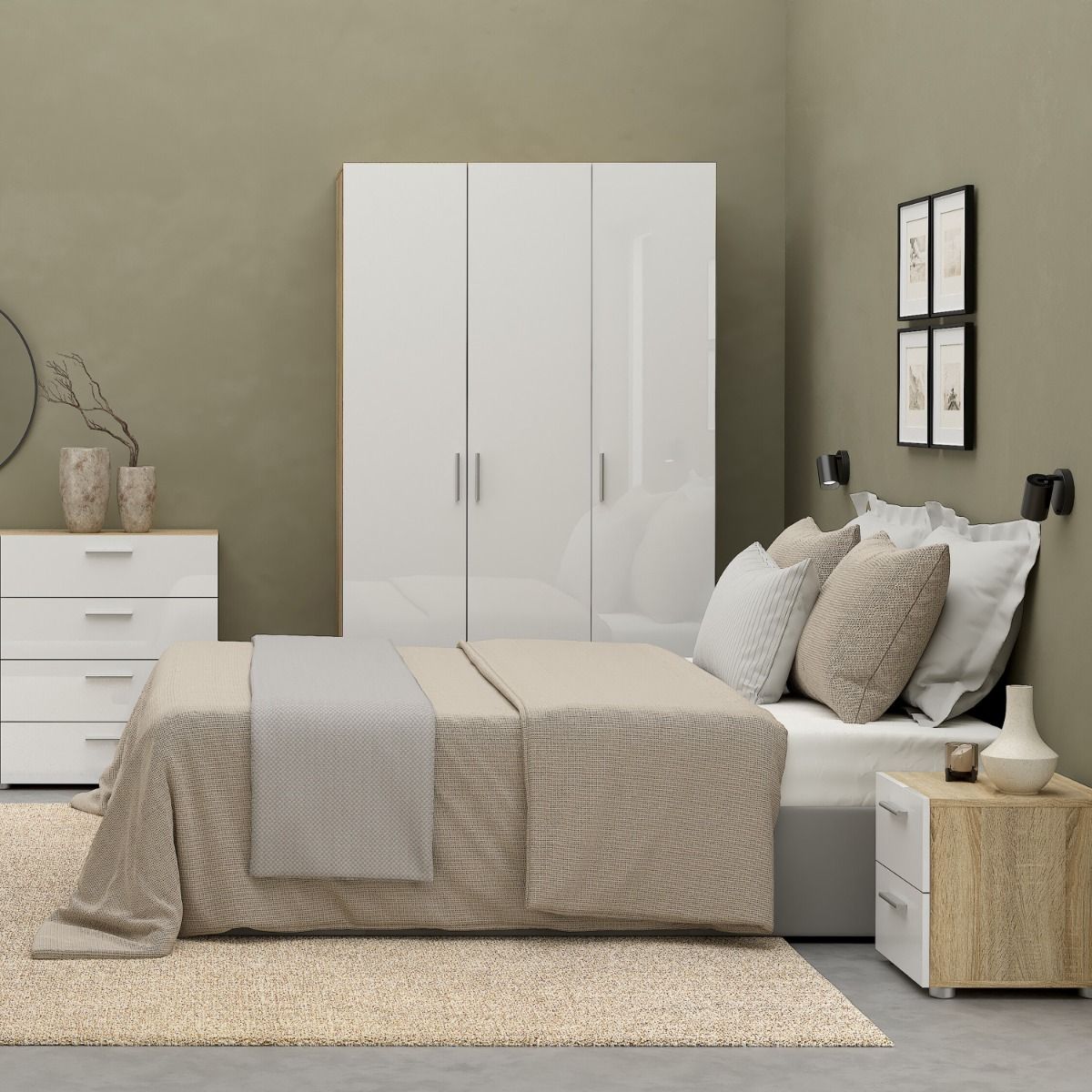 Pepe Bedside 2 Drawers in Oak with White High Gloss