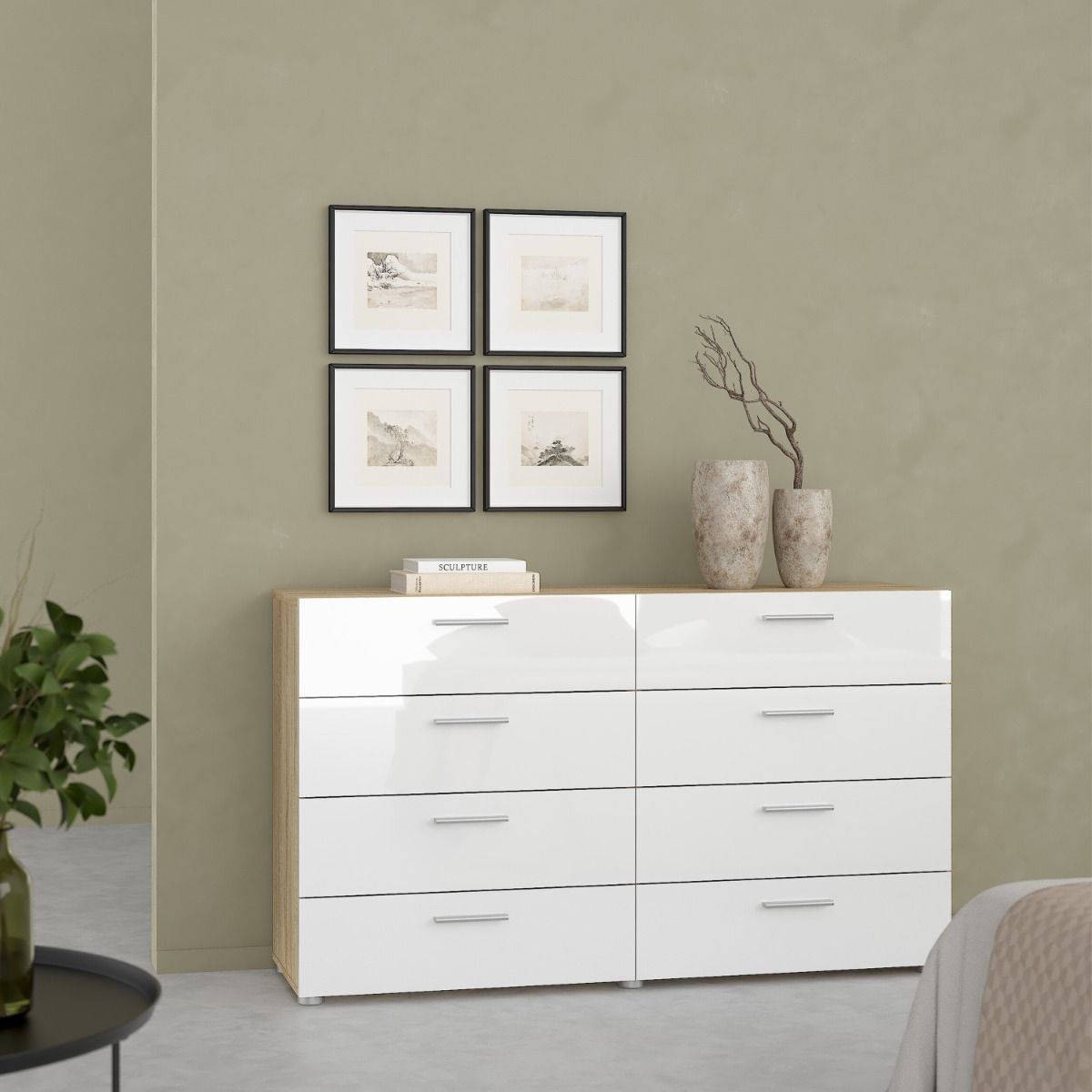 Chest of Drawers UK | Pepe Wide 8 Drawer Chest – Oak & White High Gloss