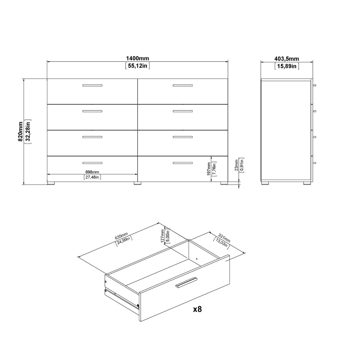 Chest of Drawers UK | Pepe Wide 8 Drawer Chest – Oak & White High Gloss