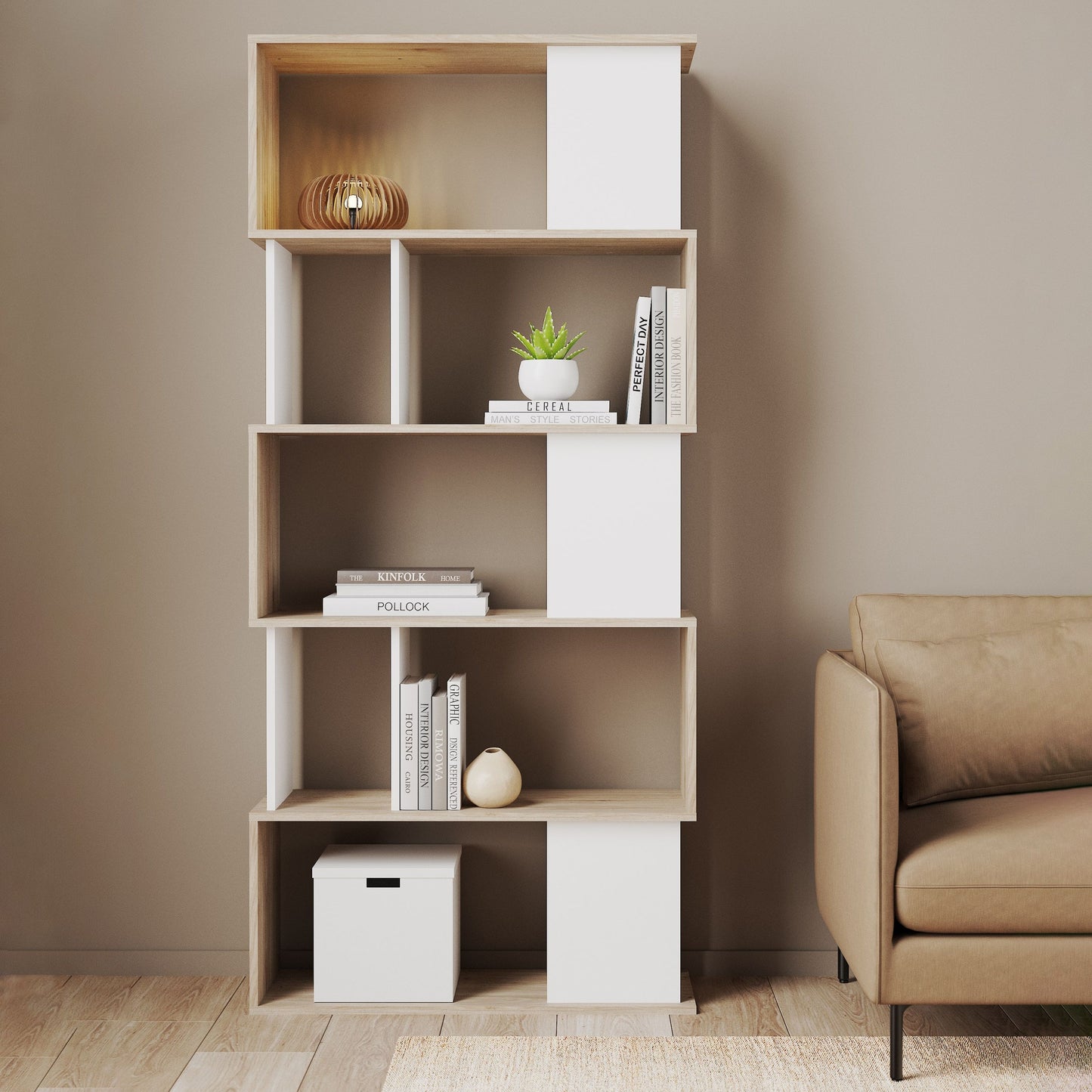 Maze Open Bookcase 4 Shelves in Hickory Oak and White