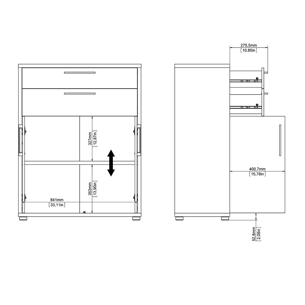 Prima Bookcase 1 Shelf with 2 Drawers and Doors in Oak