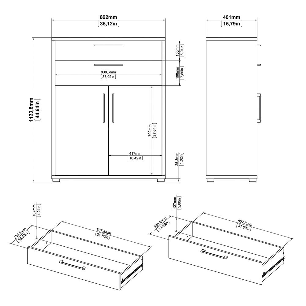 Prima Bookcase 1 Shelf with 2 Drawers and Doors in Oak