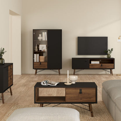 Ry China Cabinet with Glass Door and Drawer in Matt Black Walnut