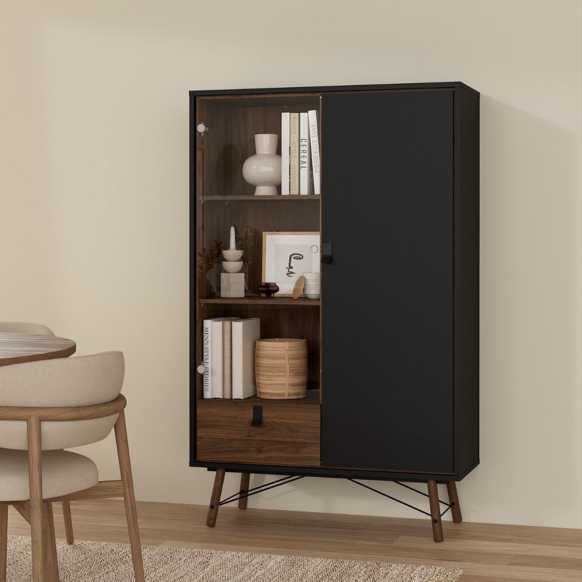 Ry China Cabinet with Glass Door and Drawer in Matt Black Walnut
