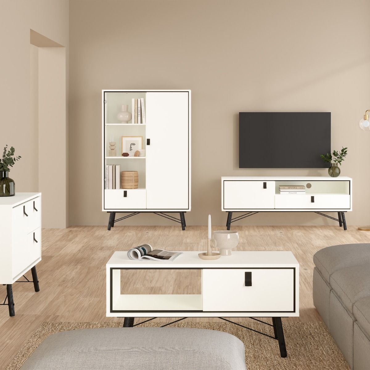 Ry China Cabinet with Glass Door and Drawer in Matt White