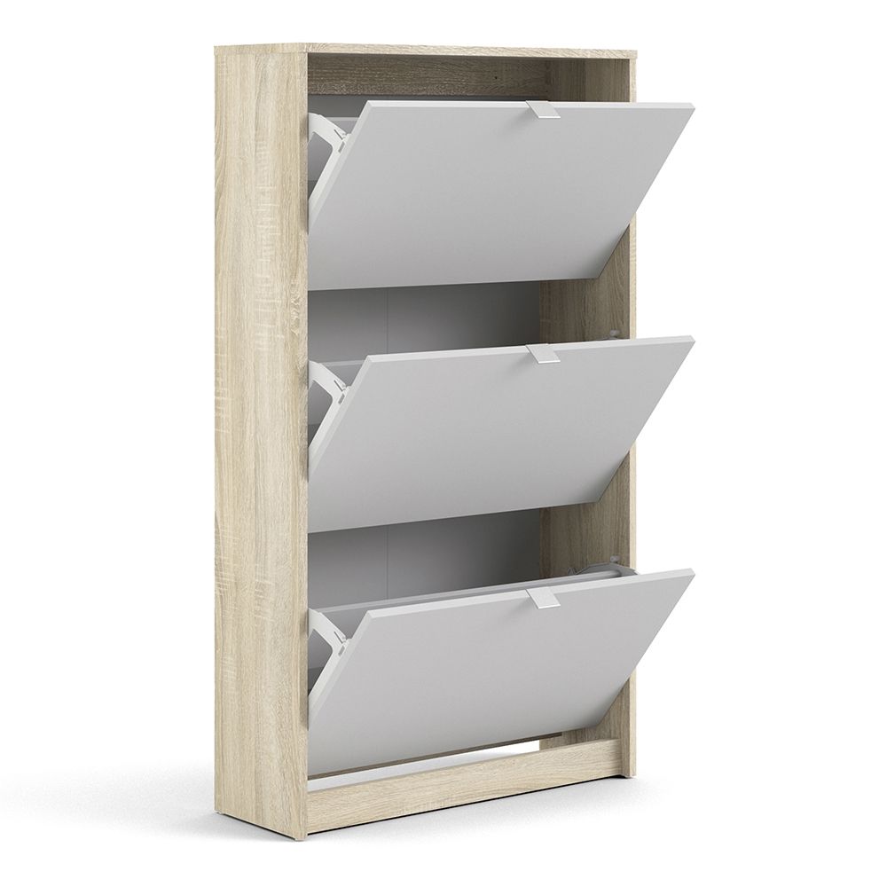 Shoes Cabinet with 3 Flip Down Doors and 2 Layers in Oak and White