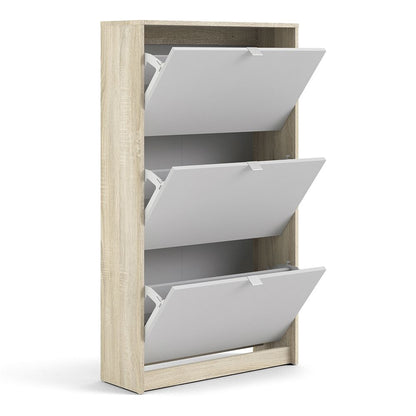 Shoes Cabinet with 3 Flip Down Doors and 2 Layers in Oak and White