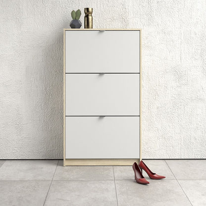Shoes Cabinet with 3 Flip Down Doors and 2 Layers in Oak and White