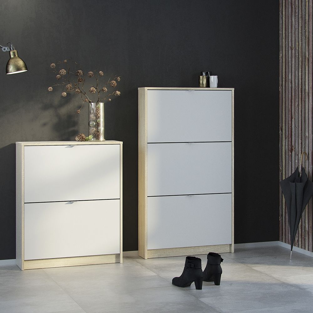 Shoes Cabinet with 3 Flip Down Doors and 2 Layers in Oak and White