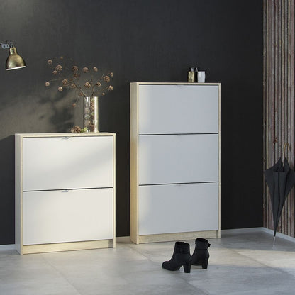 Shoes Cabinet with 3 Flip Down Doors and 2 Layers in Oak and White