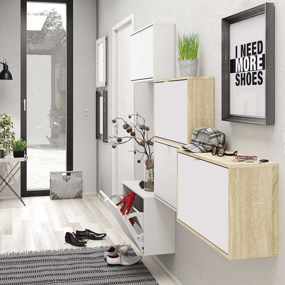 Shoes Cabinet with 3 Flip Down Doors and 2 Layers in Oak and White
