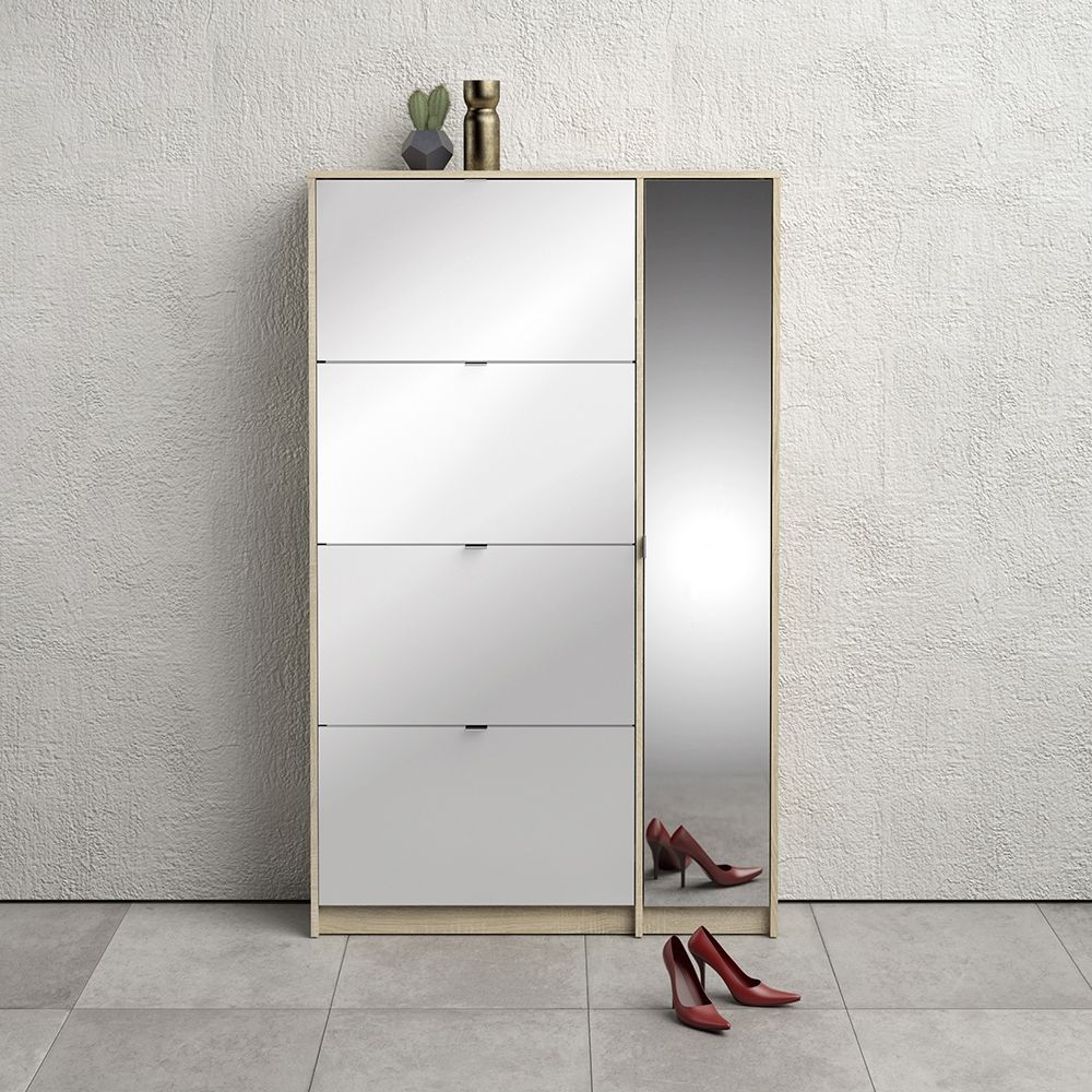 Shoes Cabinet with 4 Flip Doors and Mirror Door in Oak Structure