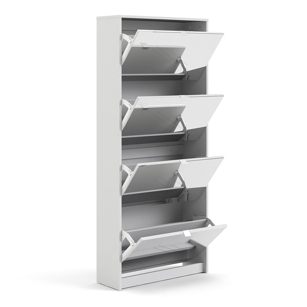 Shoes Cabinet with 4 Mirrored Flip Doors and 2 Layers in White