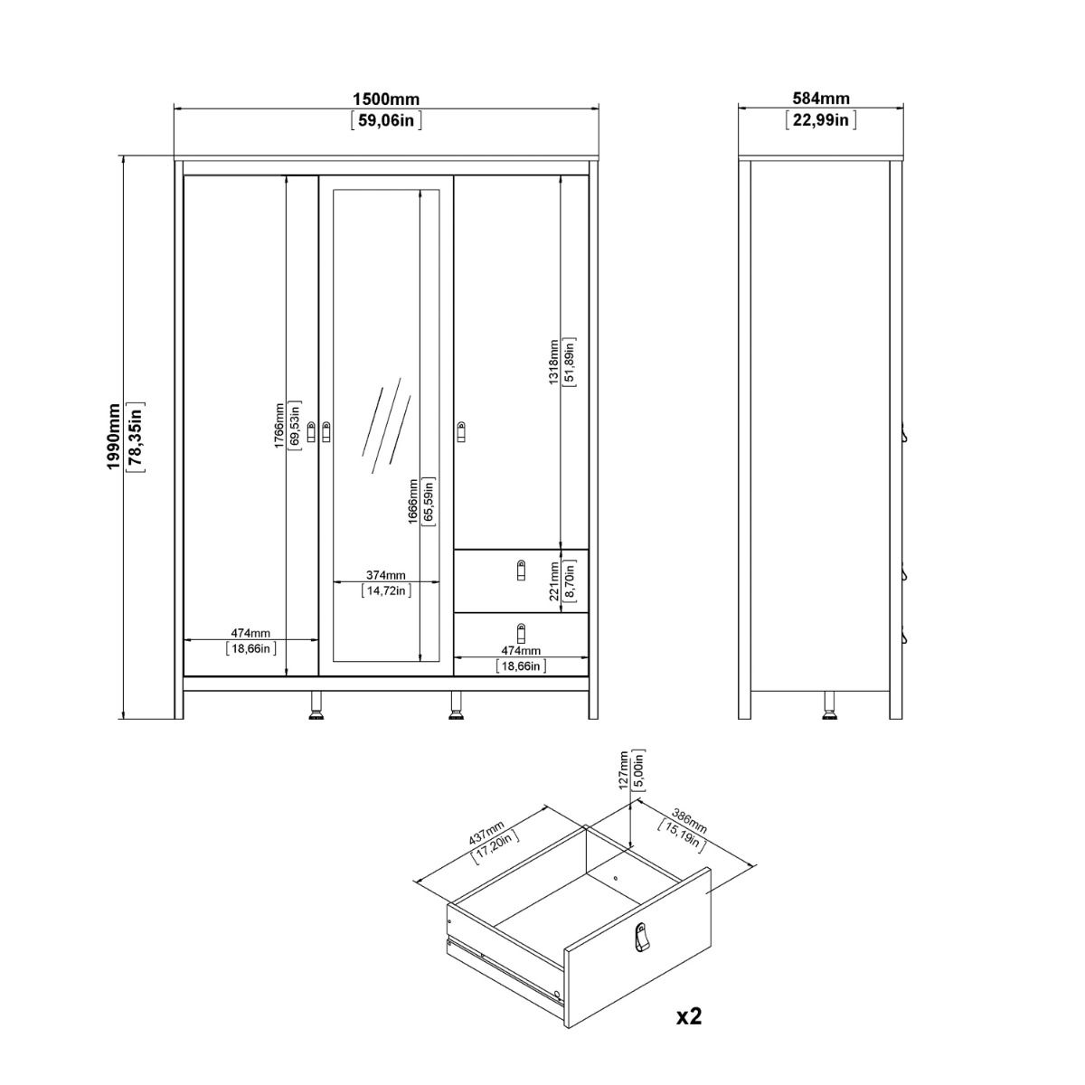 Barcelona Wardrobe with 2 Doors + 1 Mirror Door + 2 Drawers in Cashmere