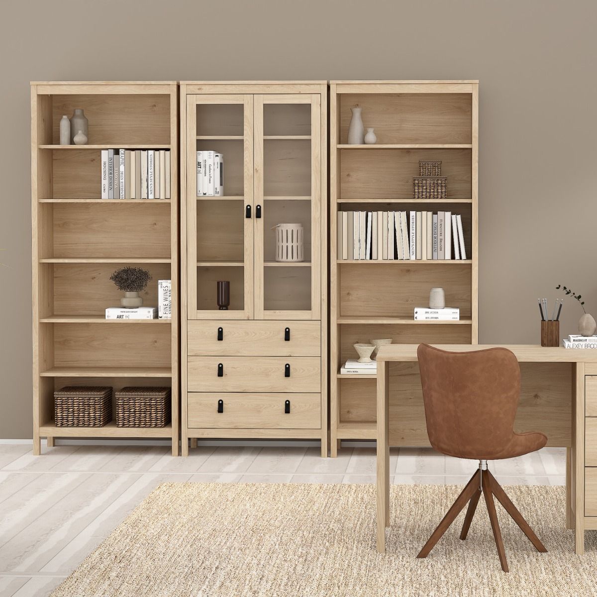 Barcelona China Cabinet 2 Glass Doors with 3 Drawers in Oak