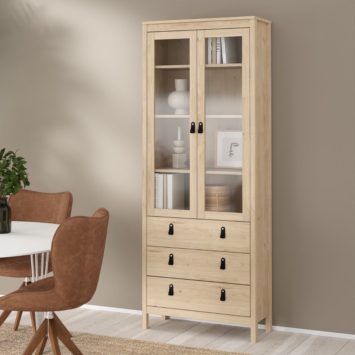Barcelona China Cabinet 2 Glass Doors with 3 Drawers in Oak