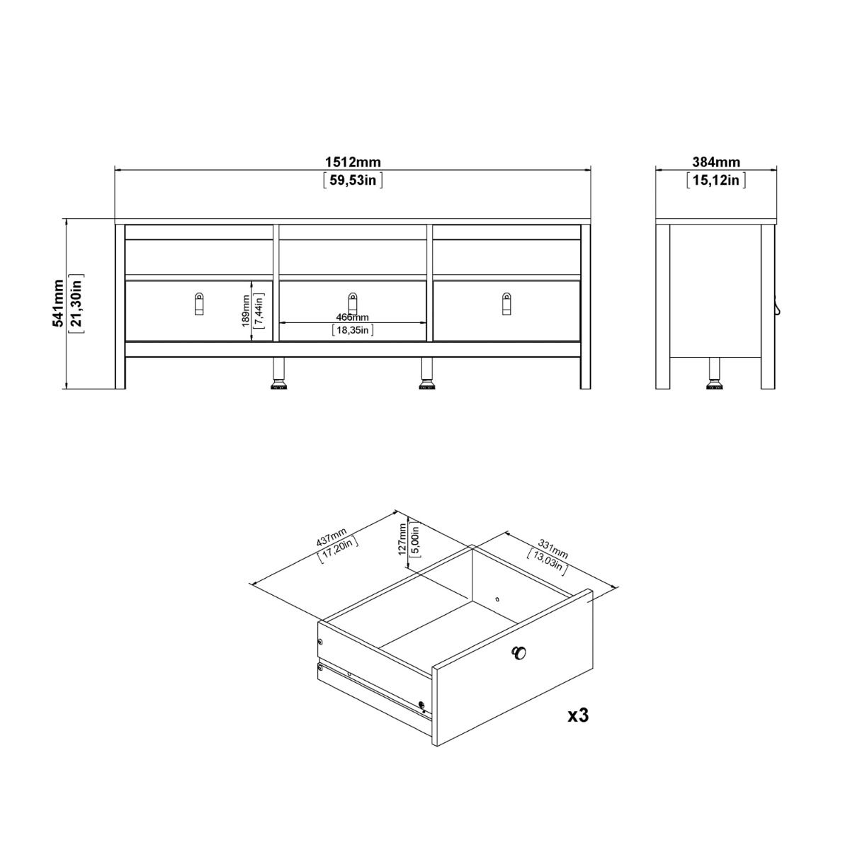 Barcelona TV Unit 3 Drawers in Matt Black