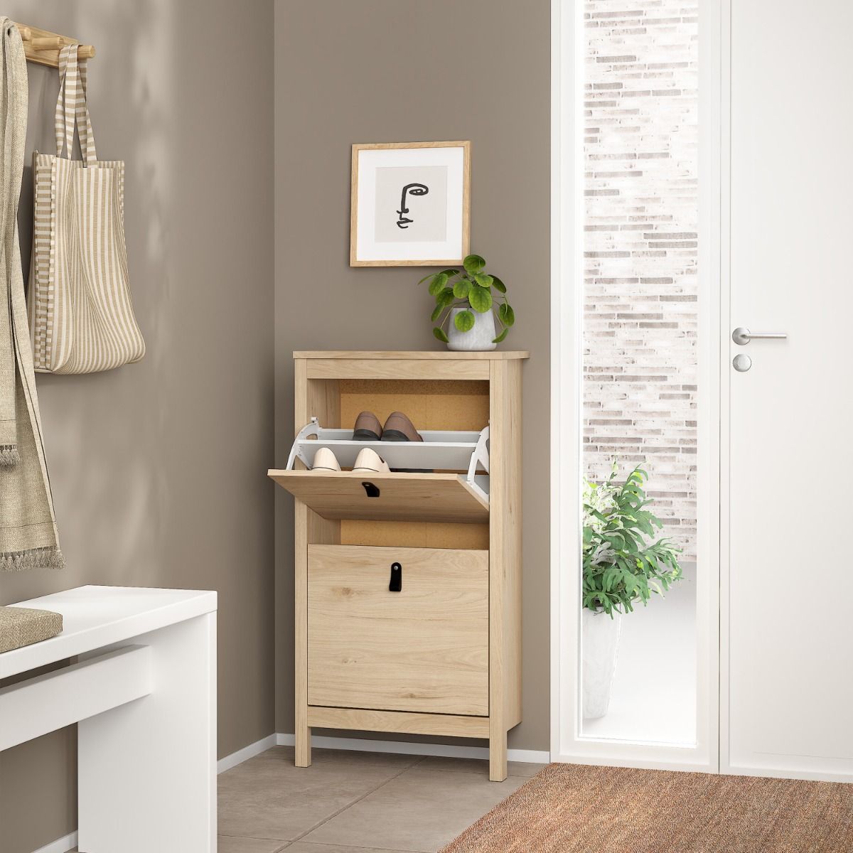 Barcelona Shoe Cabinet 2 Flip Down Doors in Jackson Hickory Oak