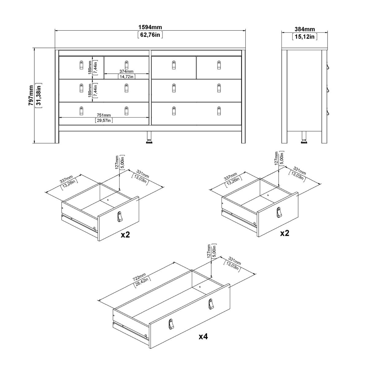 Madrid Double Dresser 4+4 Drawers in Jackson Hickory Oak