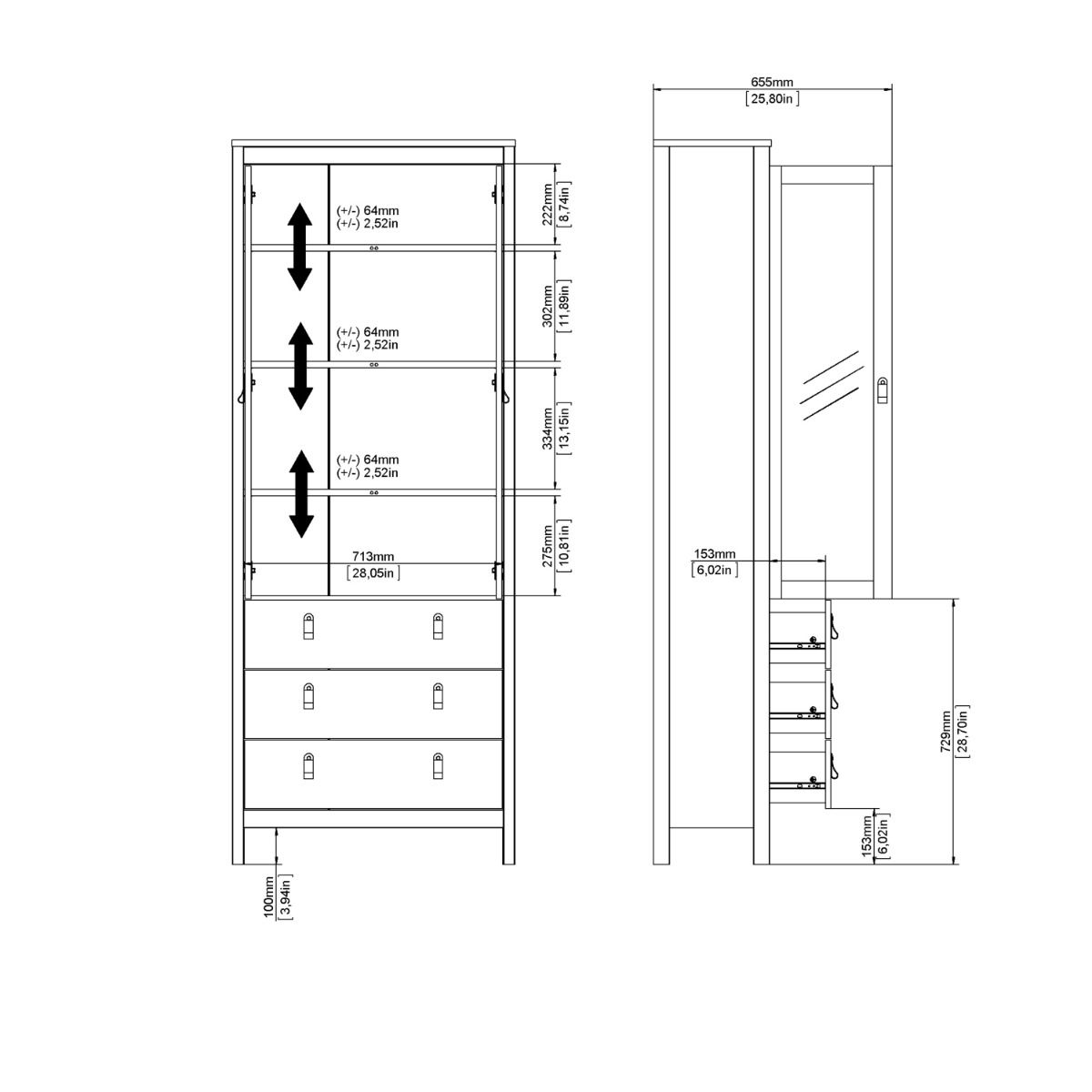 Madrid China Cabinet 2 Glass Doors with 3 Drawers in Matt Black