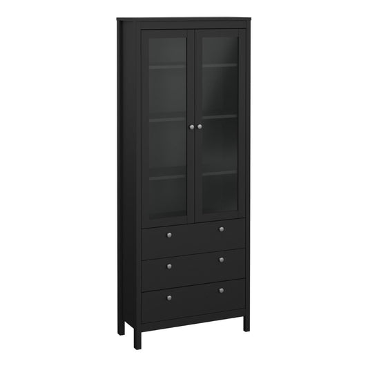 Madrid China Cabinet 2 Glass Doors with 3 Drawers in Matt Black