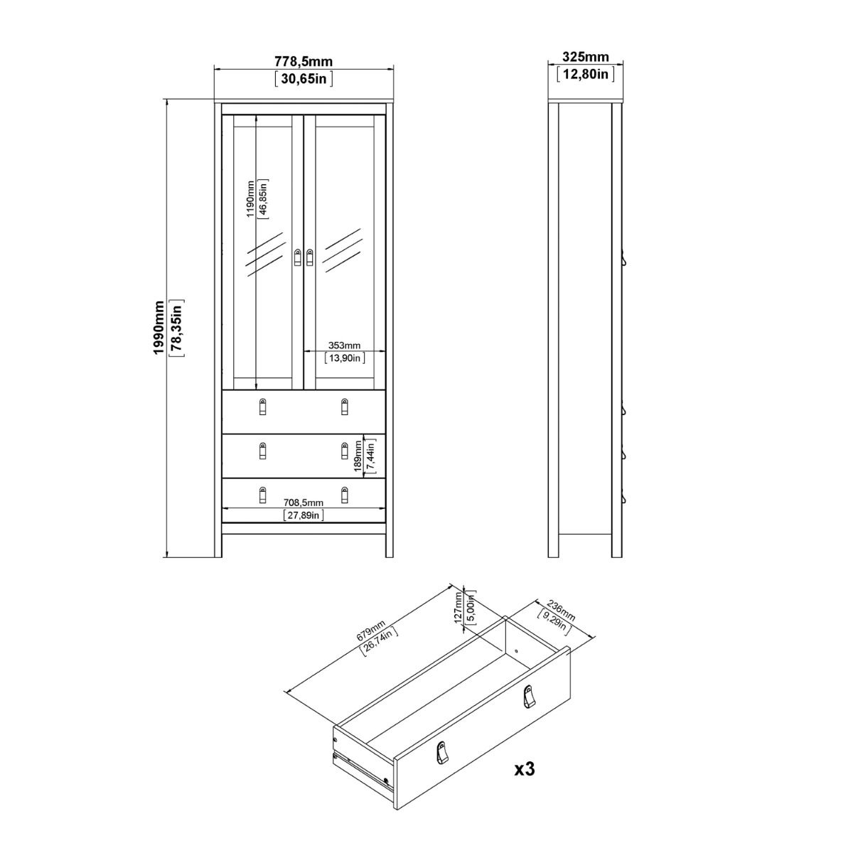 Madrid China Cabinet 2 Glass Doors with 3 Drawers in Jackson Hickory Oak
