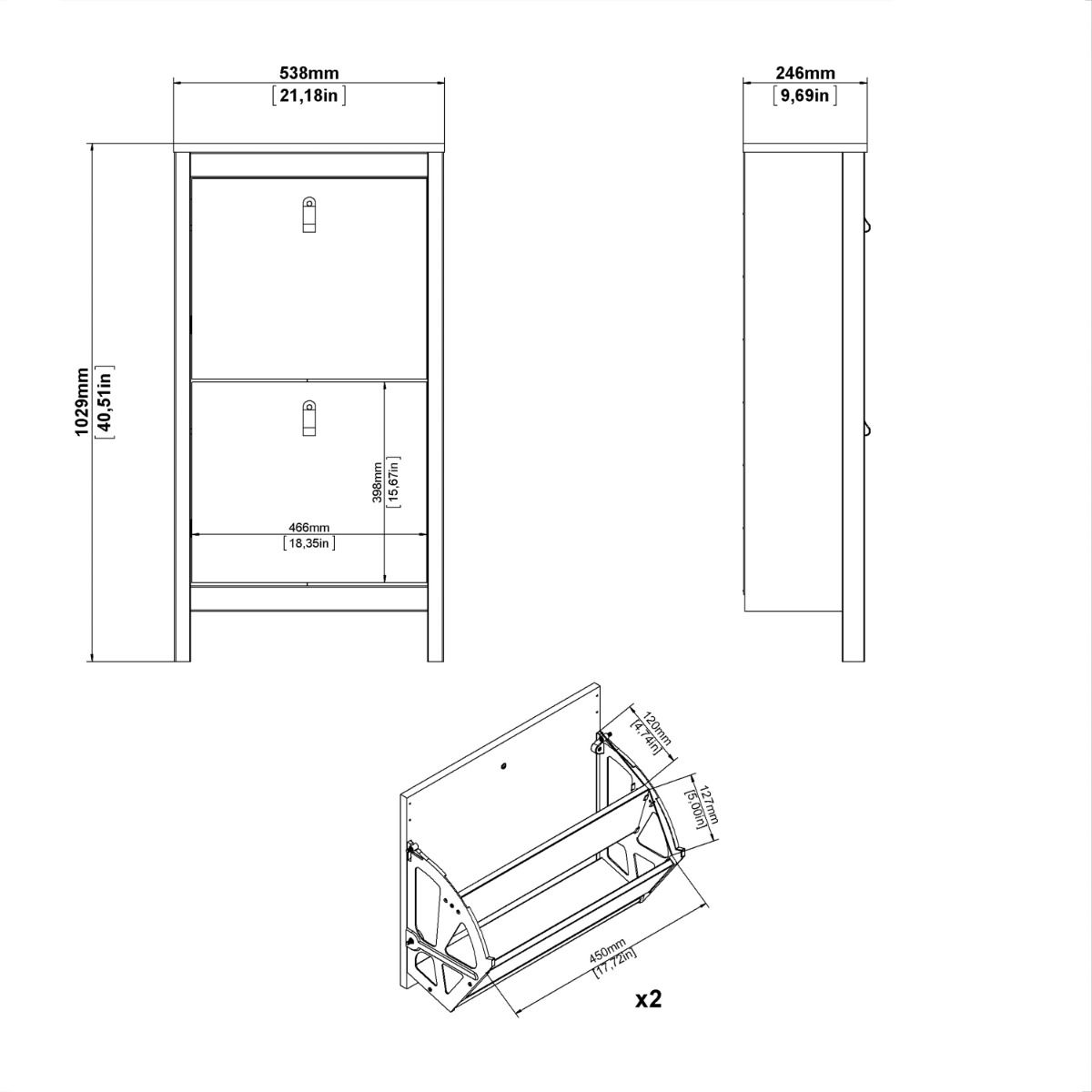 Madrid Shoe Cabinet 2 Flip Down Doors in Jackson Hickory Oak
