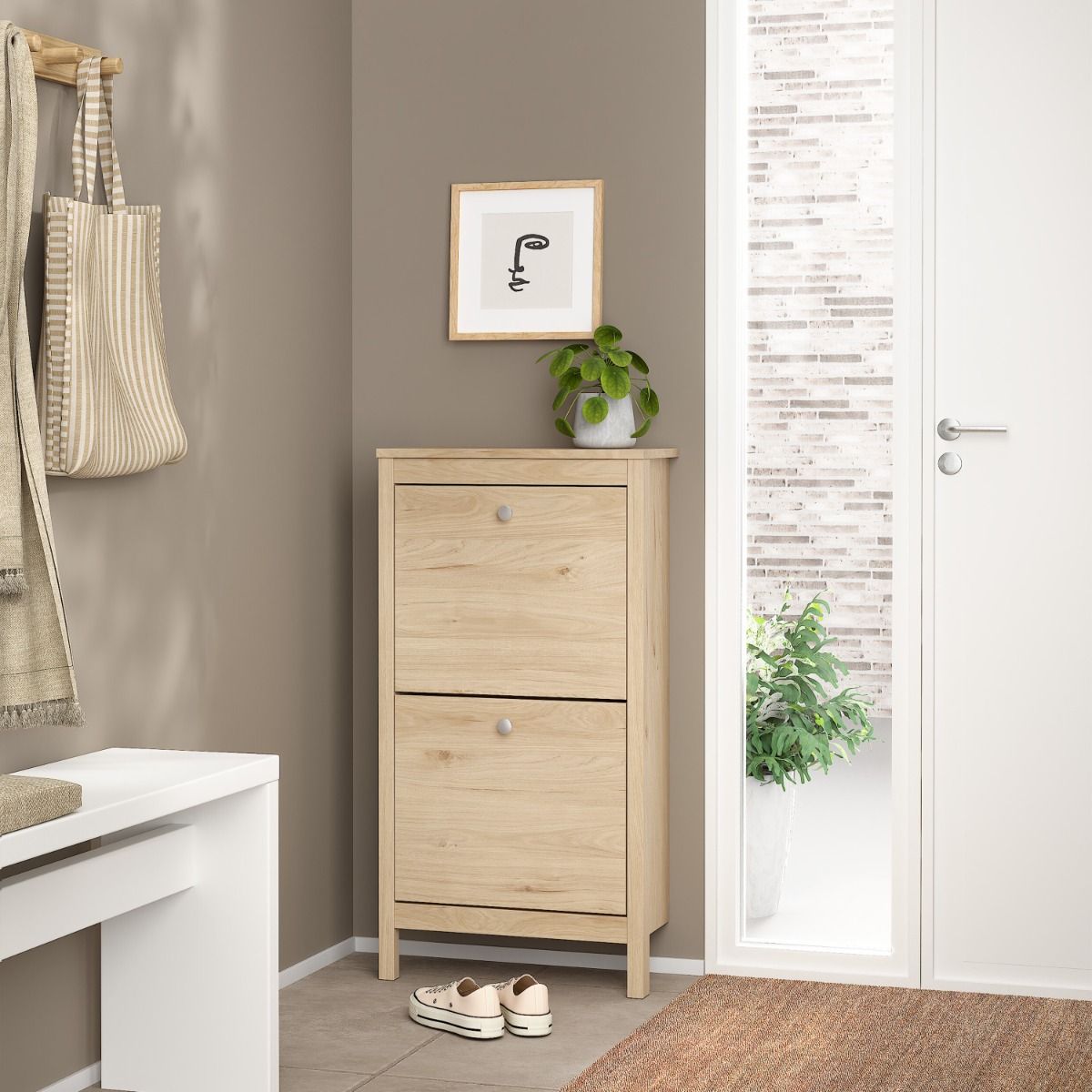 Madrid Shoe Cabinet 2 Flip Down Doors in Jackson Hickory Oak