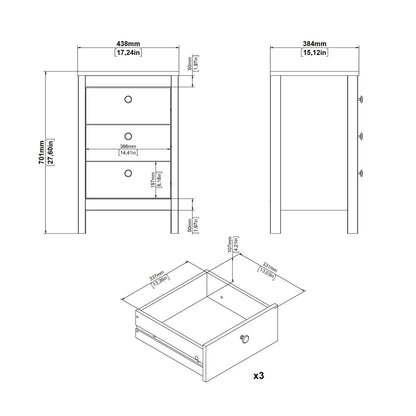 Madrid Bedside Table 3 Drawers in Matt Black